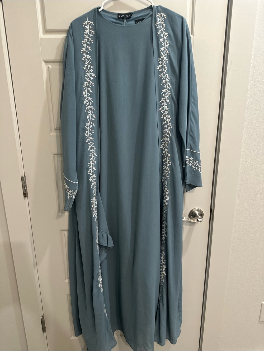 LaMeera Embroidered Light Blue Abaya set with long sleeve under dress.